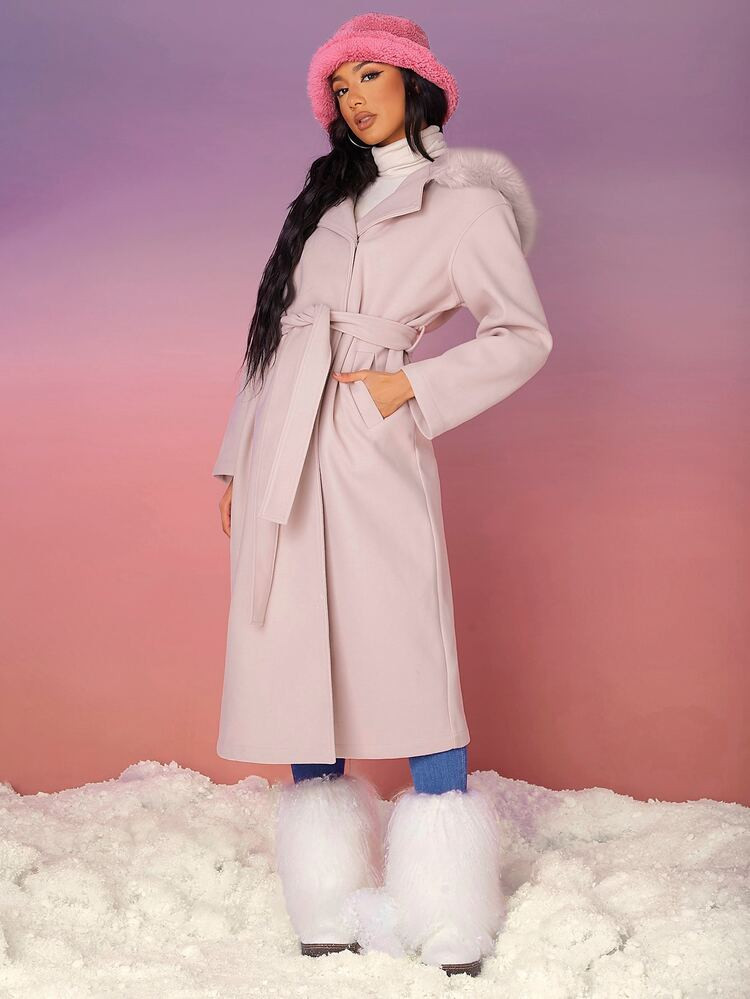 SHEIN Fuzzy Trim Belted Split Back Hooded Overcoat | SHEIN