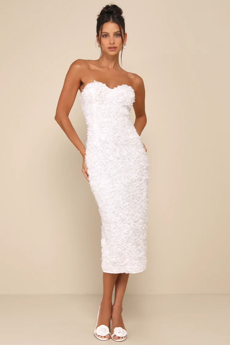 Gorgeous Mentality White 3D Floral Strapless Midi Dress | Lulus