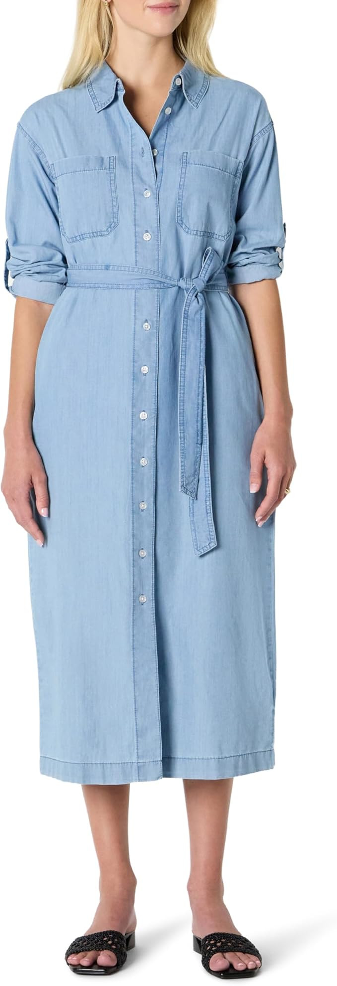 Amazon Essentials Women's Regular-Fit Denim Chambray Long-Sleeve Button-Up Midi Dress | Amazon (US)