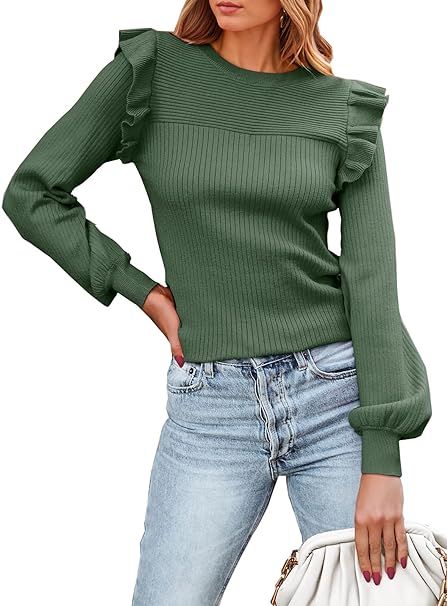 PRETTYGARDEN Women's Ruffle Shoulder Long Sleeve Sweaters Crew Neck Slim Fitted 2023 Fall Ribbed ... | Amazon (US)