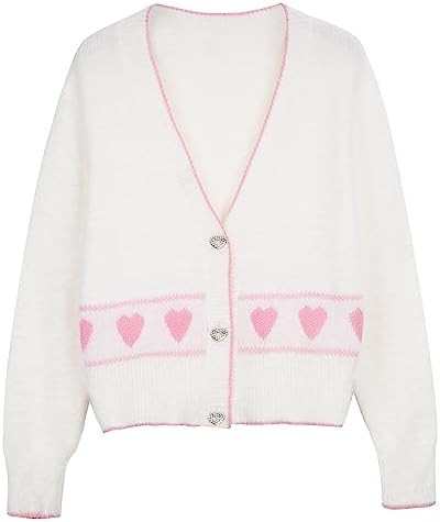 Women Kawaii Cardigan Sweater Heart Printed Fuzzy Crop Top with Glittery Buttons S-XL | Amazon (US)