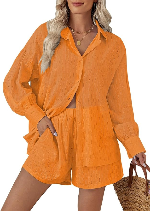 Fixmatti 2 Piece Outfits Long Sleeve Button Down Shirt and Shorts Sweatsuit Lounge Sets | Amazon (US)