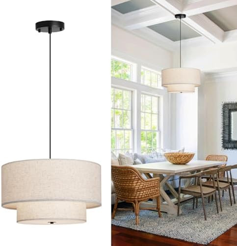 18" Modern Double Drum Fabric Pendant Light, Large Hanging Ceiling Chandelier Fixture with Dual L... | Amazon (US)