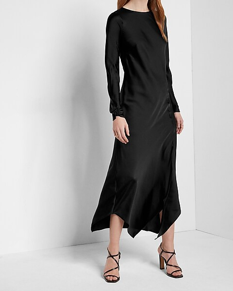 Satin Long Sleeve Asymmetrical Hem Maxi Dress | Express