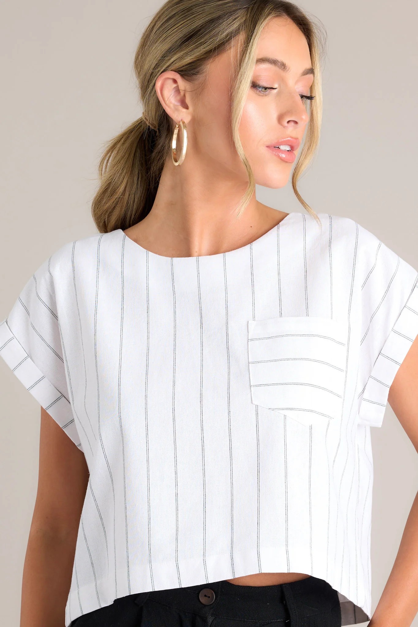 Timeless Tailoring White Pinstripe Top | Red Dress