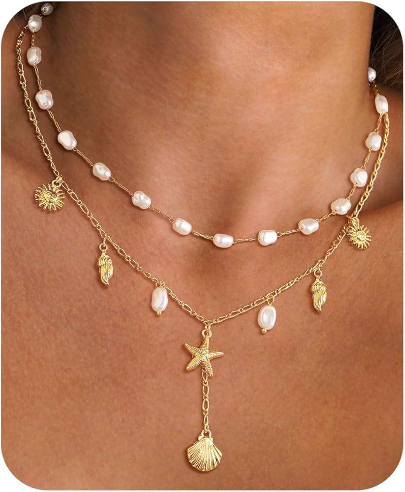 Shell Charm Necklace For Women Stack 14k Gold Plated Seashell Pearl Necklace Dainty Starfish Beac... | Amazon (US)