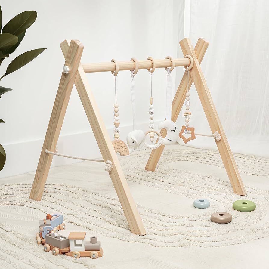 Comfy Cubs Baby Play Gym Set, Wooden Baby Playgym, Interactive Activity Center Hanging Bar with G... | Amazon (US)