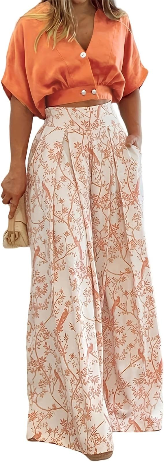 Boho Sets for Women 2 Piece Casual Sets Short Sleeve V Neck Tops Print Wide Leg Pants Summer Loun... | Amazon (US)