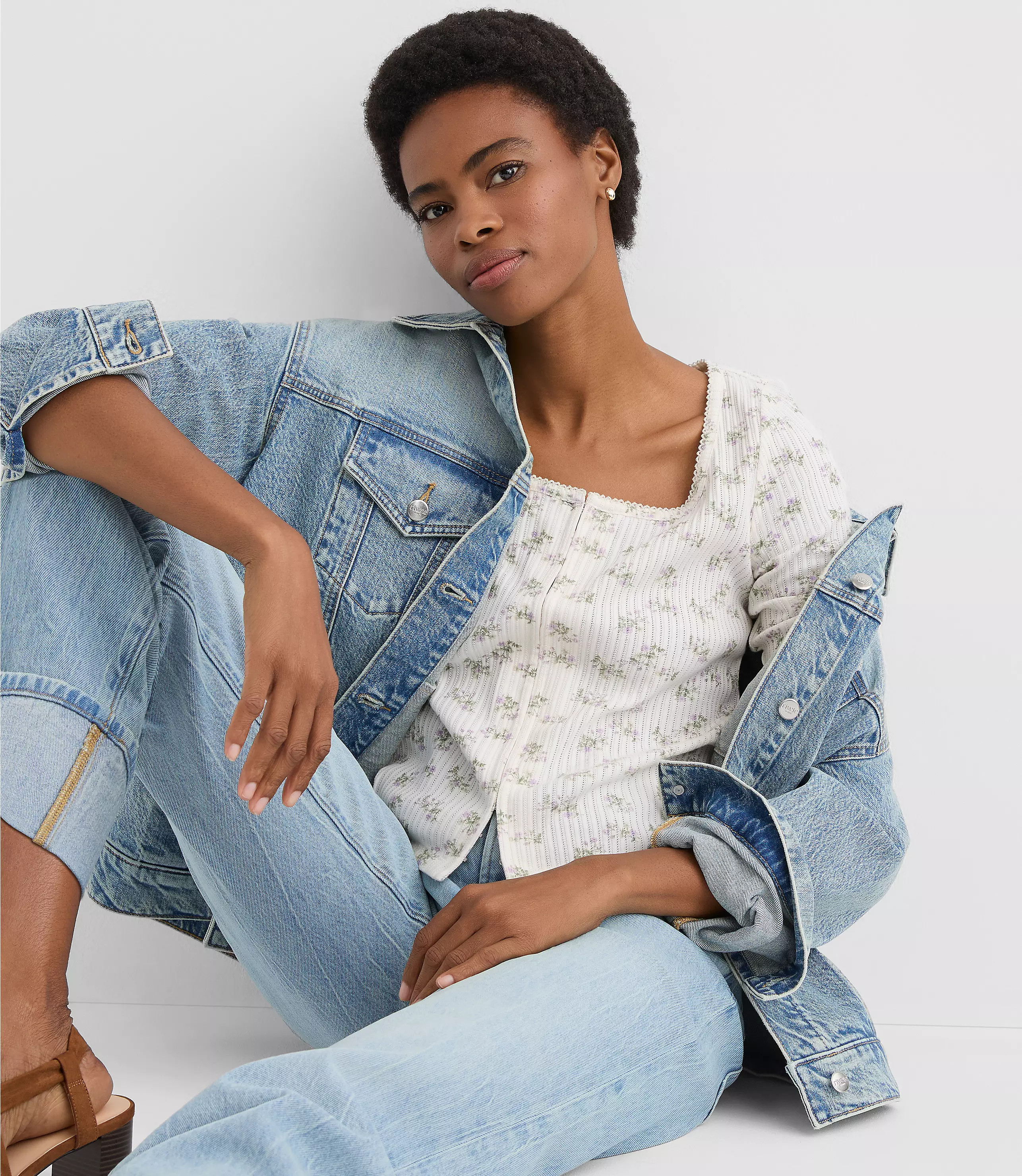 Floral Scalloped Ribbed Square Neck Cardigan | LOFT