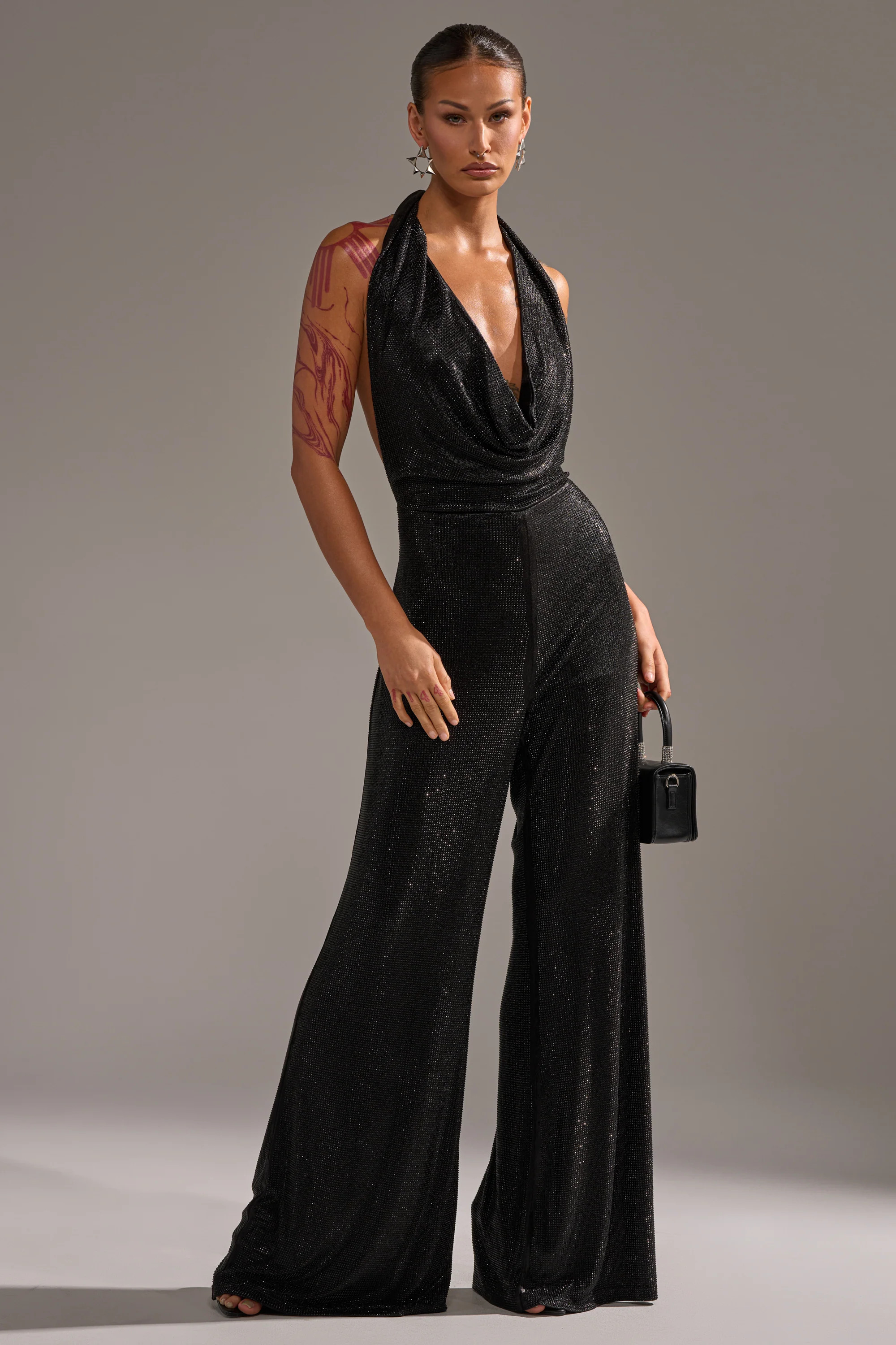 MAKE YOU DO A DOUBLE TAKE RHINESTONE JUMPSUIT IN BLACK | AKIRA