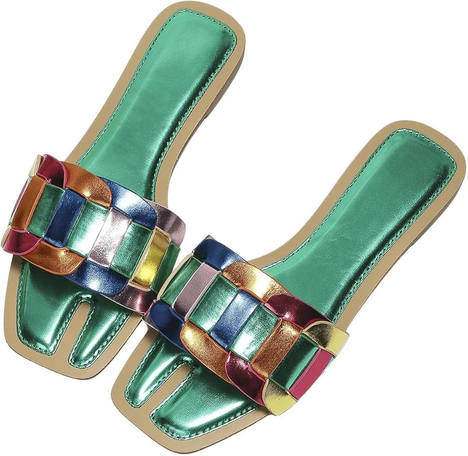 GORGLITTER Women's Metallic Flat Sandals Dressy Slippers Sparkly Summer Cute Open Toe Slip on Sli... | Amazon (US)