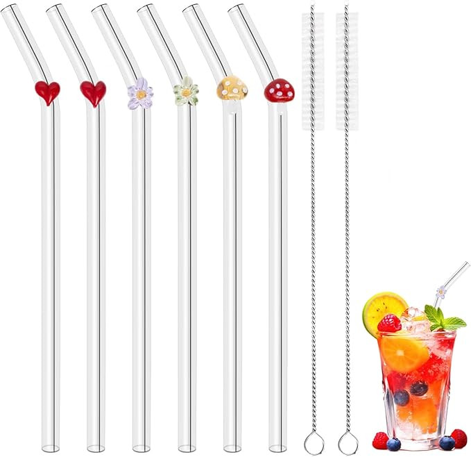 6 PCS Glass Straws with Different Charms, Cute Reusable Straws with 2 PCS Cleaning Brush, Bent Gl... | Amazon (UK)