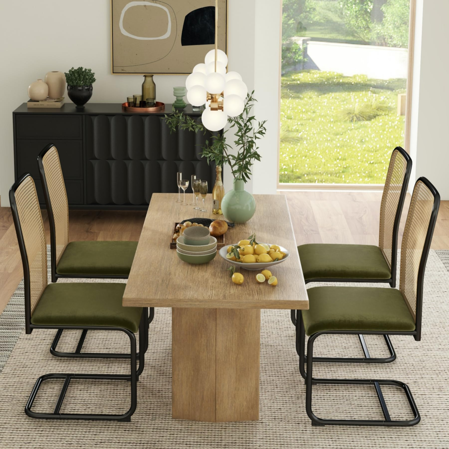 AODAILIHB Dining Room Chair Set of 4, Velvet Rattan Kitchen Chairs with Cane Back & Metal Chrome ... | Amazon (US)