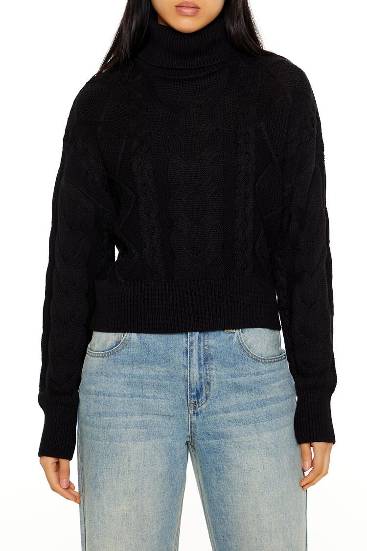 Women's Cable Knit Turtleneck Sweater in Black Small | Forever 21