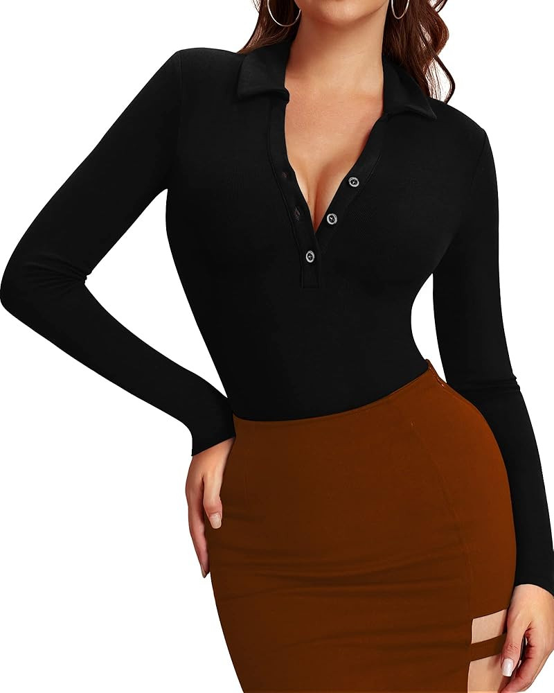 HERLOLLYCHIPS Womens Long Sleeve Short Sleeve Collared Polo Tops V Neck Button Down Fitted Shirts | Amazon (US)