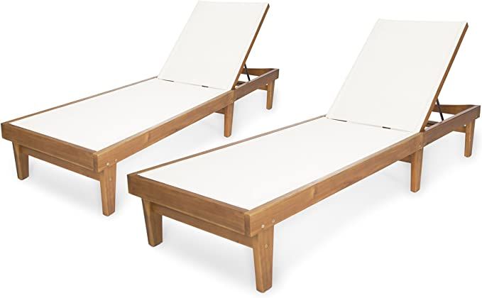 Christopher Knight Home Shiny Outdoor Wood Chaise Lounge (Set of 2), Teak Finish/White Mesh | Amazon (US)