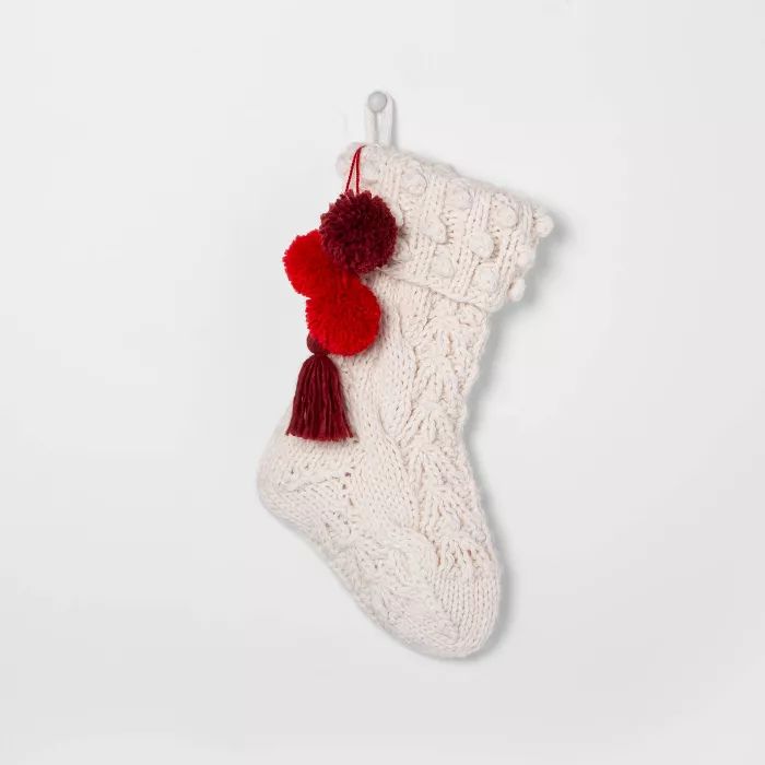 Holiday Stocking Sour Cream Knit with Red Poms - Hearth & Hand™ with Magnolia | Target