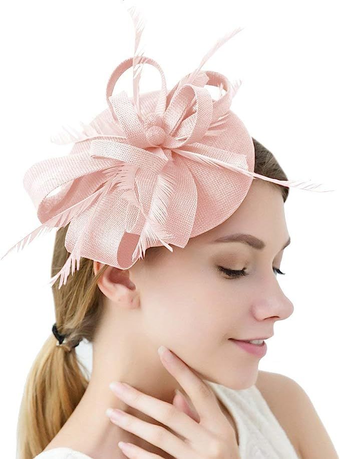 Sinamay Feather Fascinators Womens Pillbox Flower, Light Pink, Size Free Size | Amazon (US)
