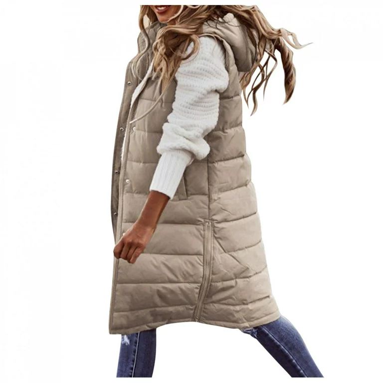 Womens Long Down Puffer Vest with Hood,Warm Oversized Thick Fleece Cotton Winter Gilet Parka Jack... | Walmart (US)