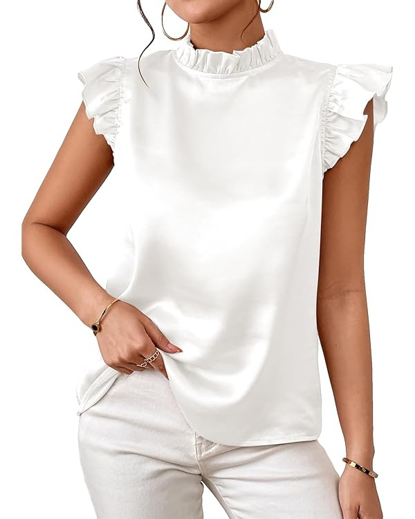 SweatyRocks Women's Elegant Mock Neck Ruffle Trim Tops Butterfly Sleeve Summer Office Blouses | Amazon (US)