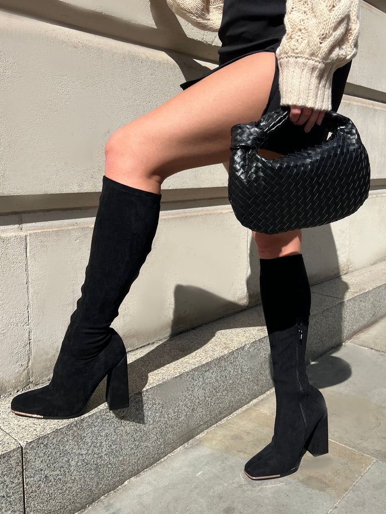 Caryn Black Faux Suede Knee High Heeled Boots | Public Desire (US & CA)