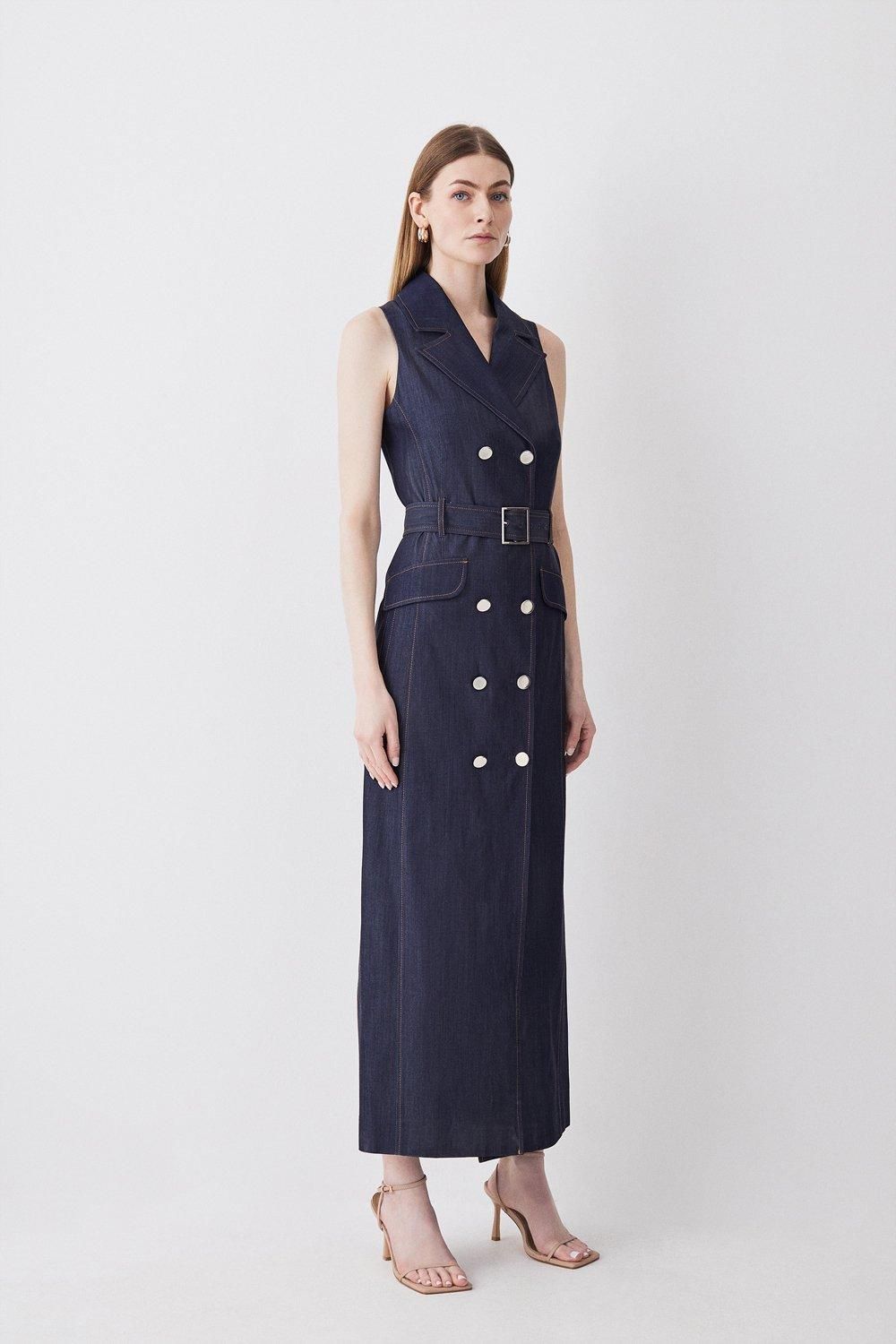 Tailored Denim Belted Trench Midi Dress | Karen Millen UK + IE + DE + NL