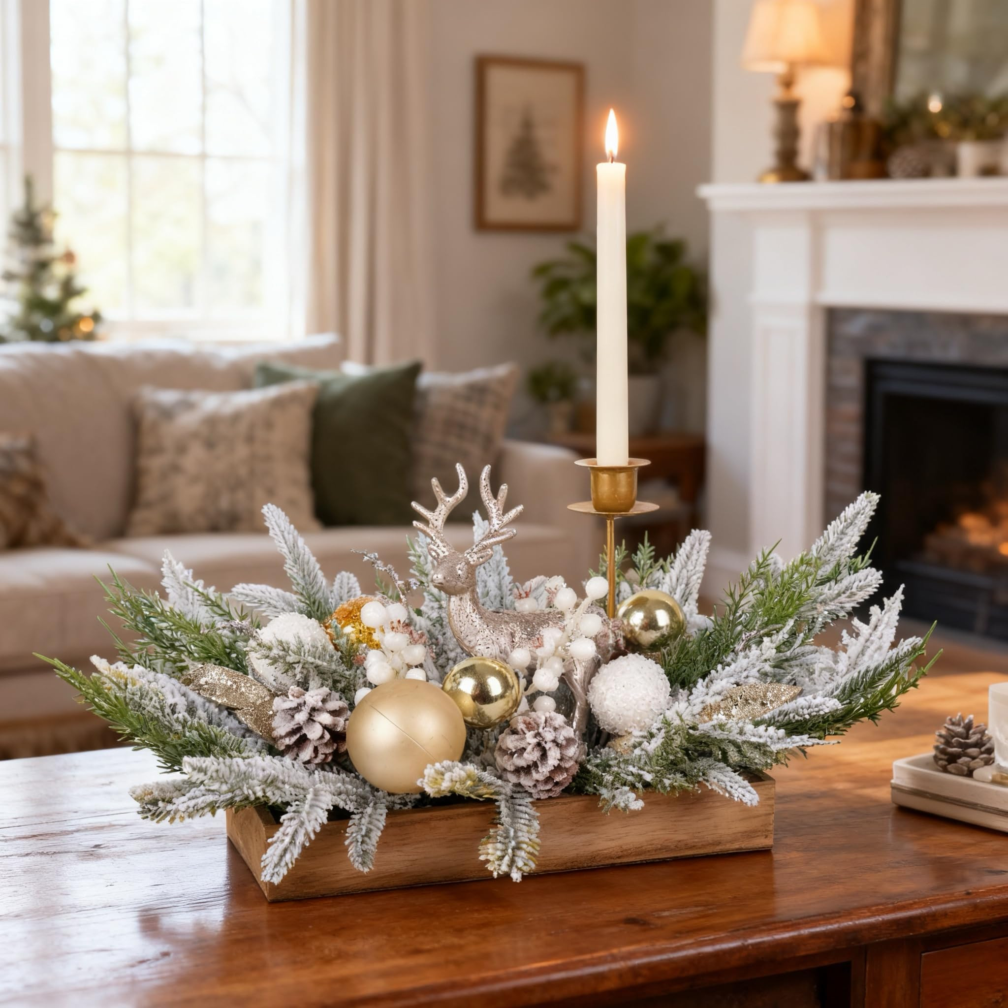 Christmas Decor Table Centerpiece, Faux Flocked Pine Branch Ornament Deer Candle Holder in Wood B... | Amazon (US)