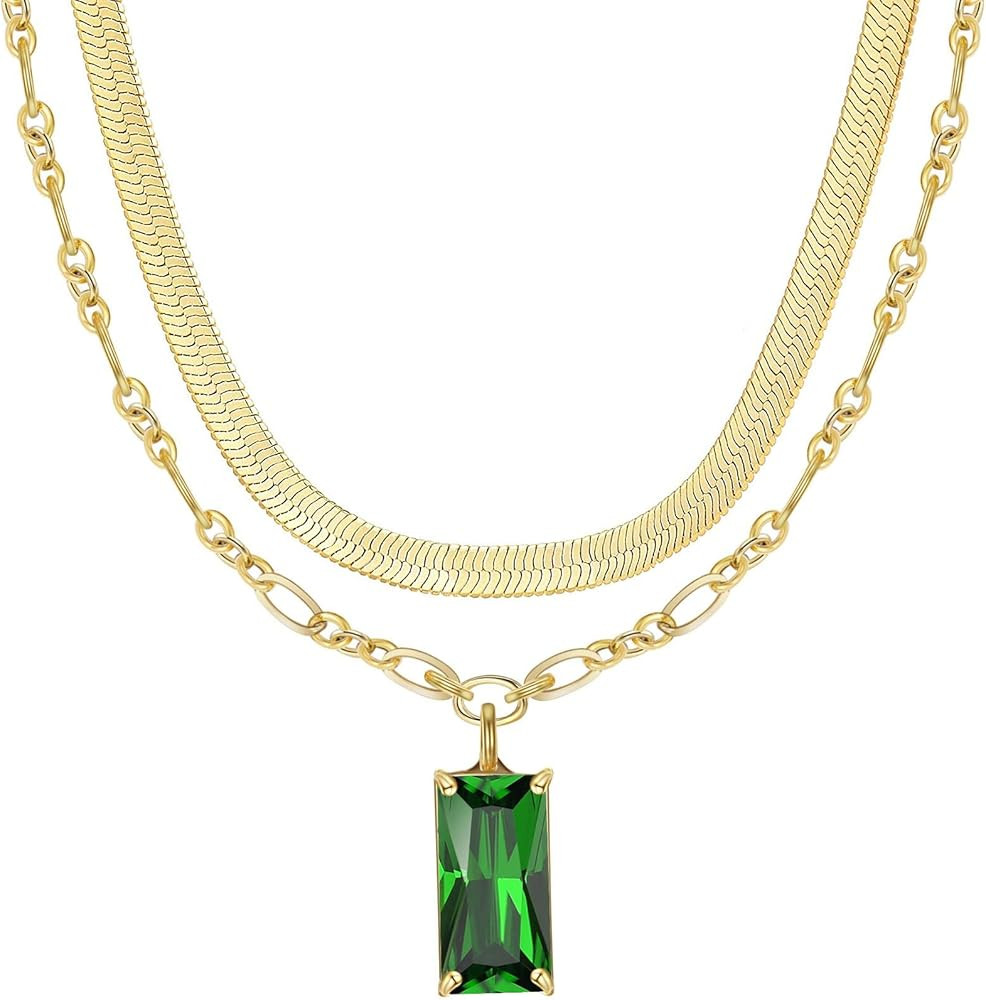 Gold Layered Necklaces for Women 14k Gold Plated Layering Necklaces Moon Herringbone Paperclip Sn... | Amazon (US)