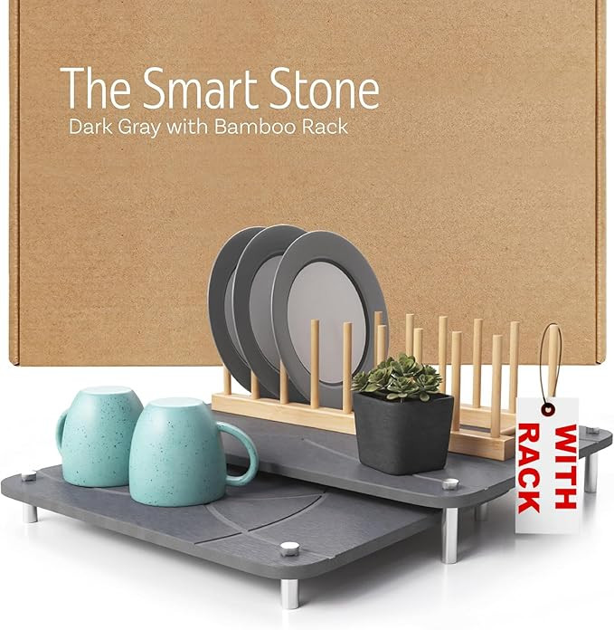 Nested Dish Drying Stone Mat with Bamboo Rack | 2 Pcs Diatomaceous Earth Stone Drying Mats for Ki... | Amazon (US)
