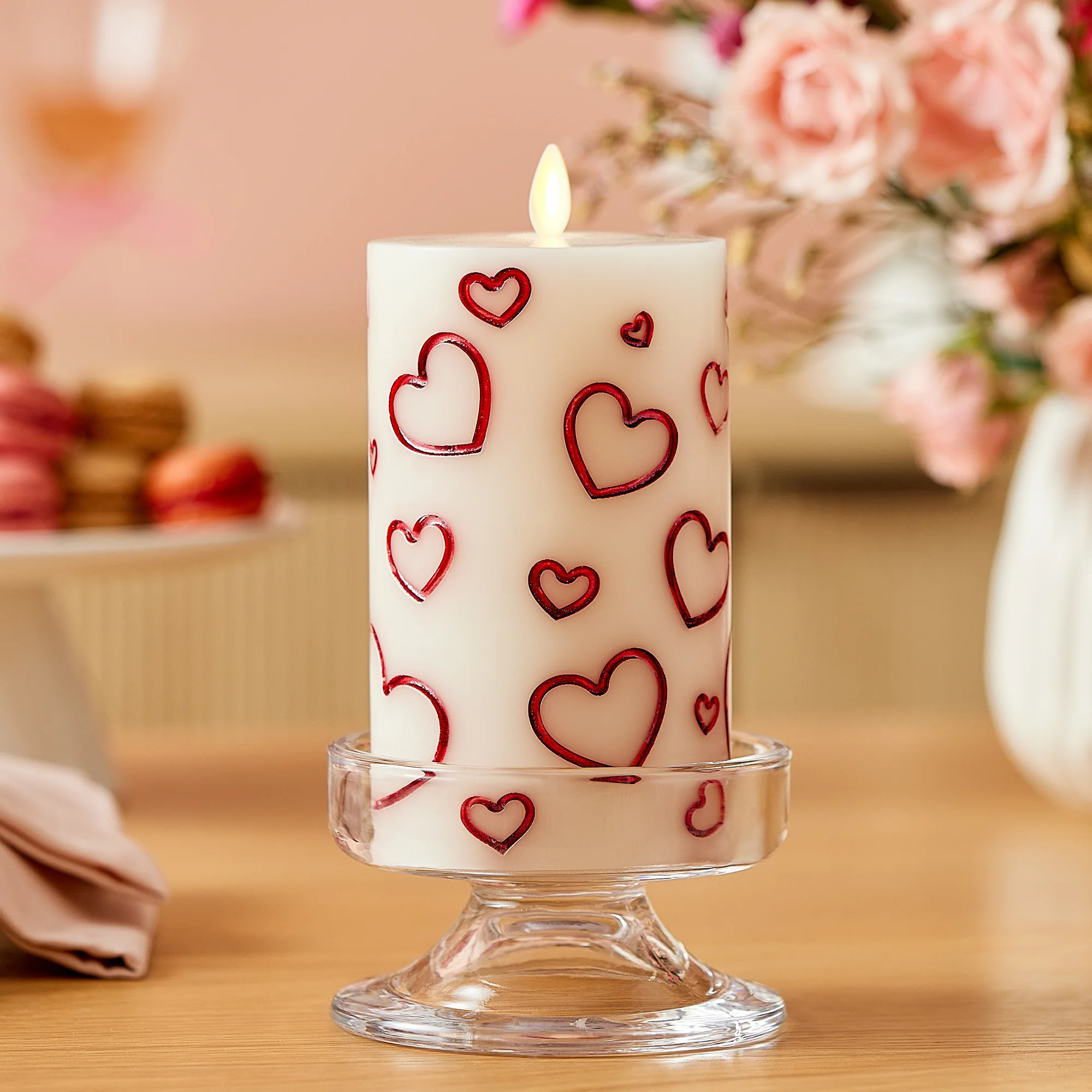 White Porcelain with Metallic Red Hearts Flameless Candle Pillar | Luminara