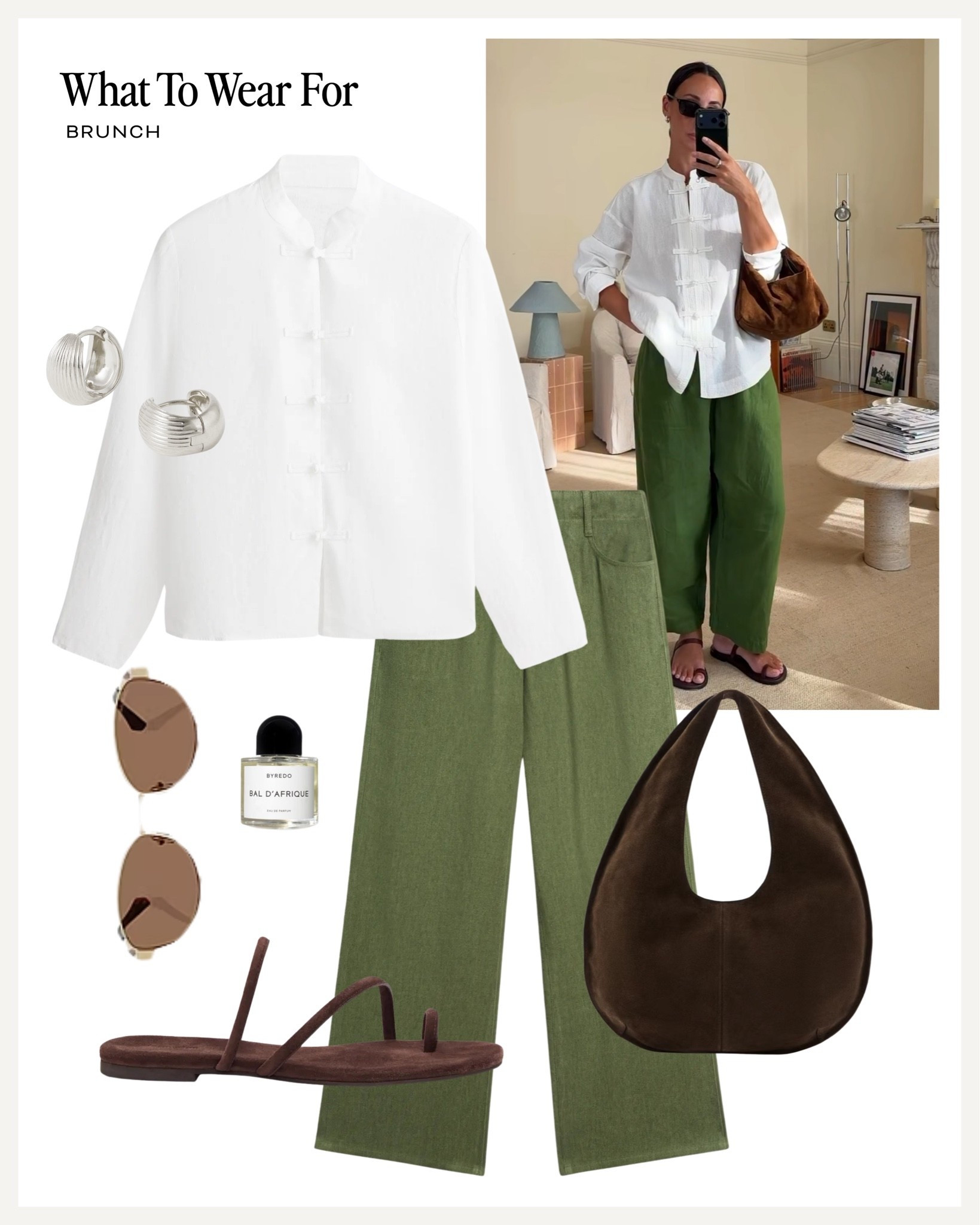 Brunch ☕️ 

Linen outfit, effortless summer style, brown sandals, suede bag, green trousers, white shirt

#LTKsummer