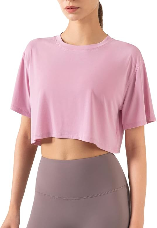 Fenclushy Womens Cropped Yoga Top Crew Neck Short Sleeve Gym Athletic Shirt Summer Sports Quick D... | Amazon (US)