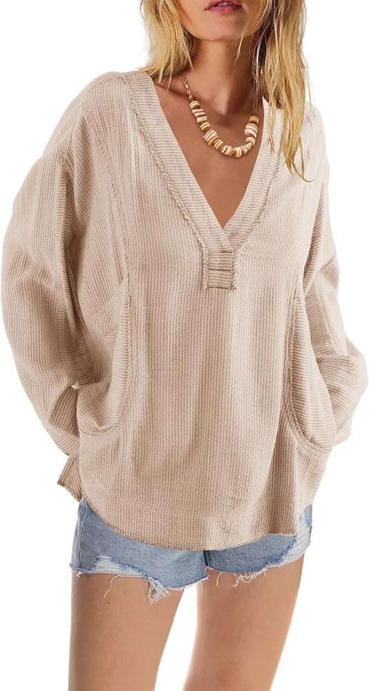Panadila Womens Striped Oversized Long Sleeve Shirts V Neck Tunic Tops Fall Casual Loose Fit Blou... | Amazon (US)