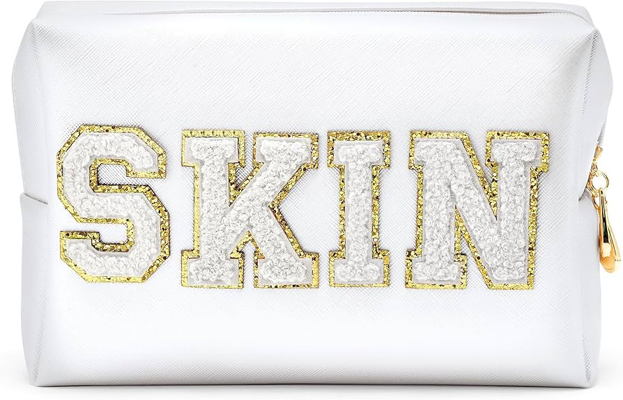 Y1tvei Preppy Patch SKIN White Letter White Cosmetic Toiletry Bag PU Leather Portable Makeup Bag Dai | Amazon (US)