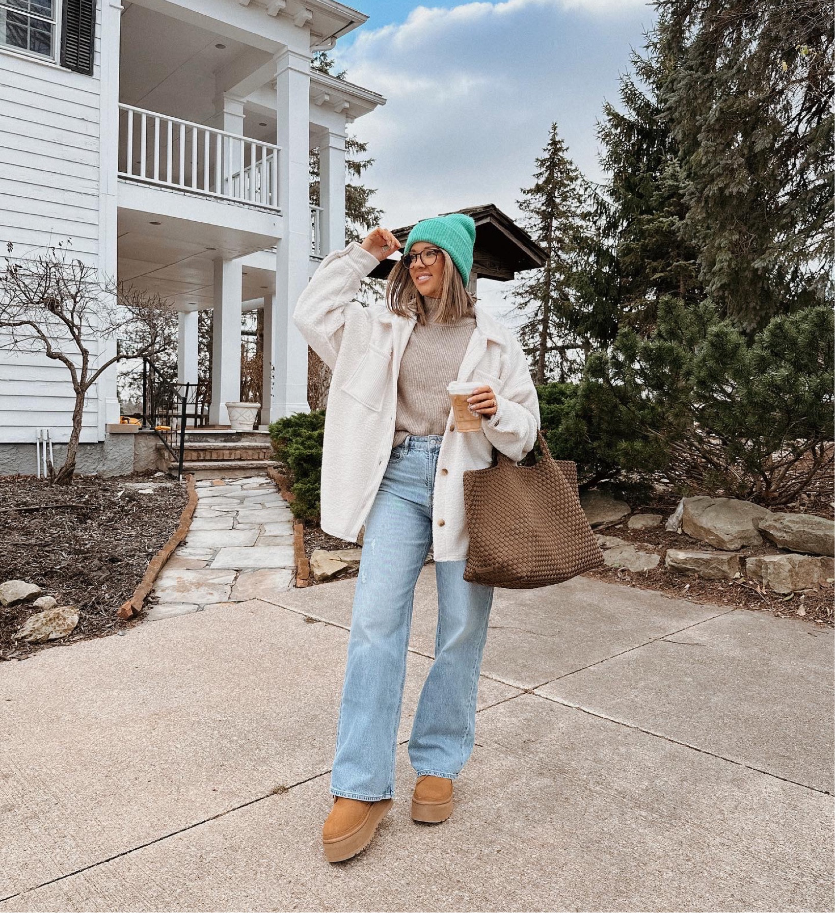 Cozy head to toe 🤎 my shacket is a lookalike for the free people one but for a fraction of the price! Only $69 and so dang soft and warm. Mines an XL for a super oversized fit! 

Cozy season, shacket weather, Ugg boots, wide leg jeans, warby Parker, Naghedi NYC 

#LTKSeasonal #LTKunder100