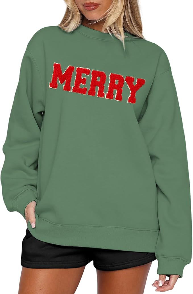 Merry Sweatshirts for Women Christmas Crewneck Fleece Lined Sweaters Chenille Sequin Letter Pullo... | Amazon (US)