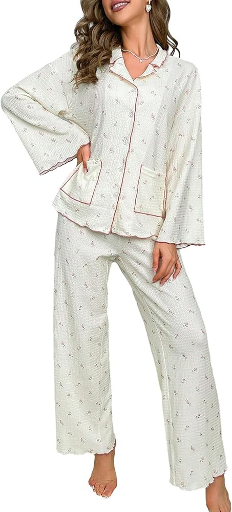 Verdusa Women's 2 Piece Floral Print Pajama Sets Button Up Top and Pants Sleepwear Pj Set | Amazon (US)