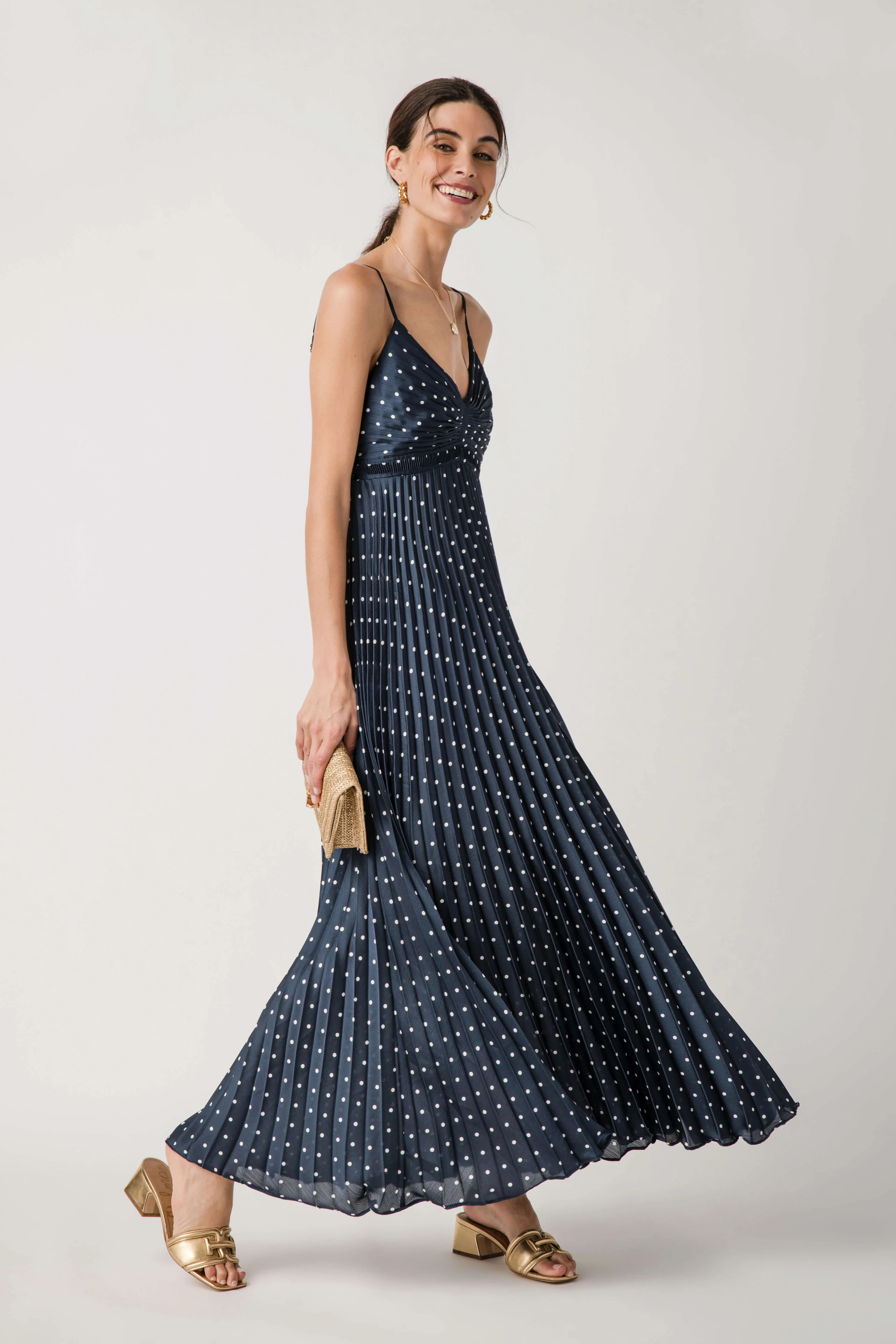 Skies Are Blue Polka Dot Pleated Sleeveless Dress | Social Threads