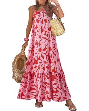 Dokotoo Women Summer Dresses 2024 Spaghetti Strap Scoop Neck Smocked Ruffle Flowy Boho Maxi Dress | Amazon (US)