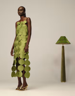 ARRANGE cutwork floral midi dress with fringe hem in olive green | ASOS (Global)