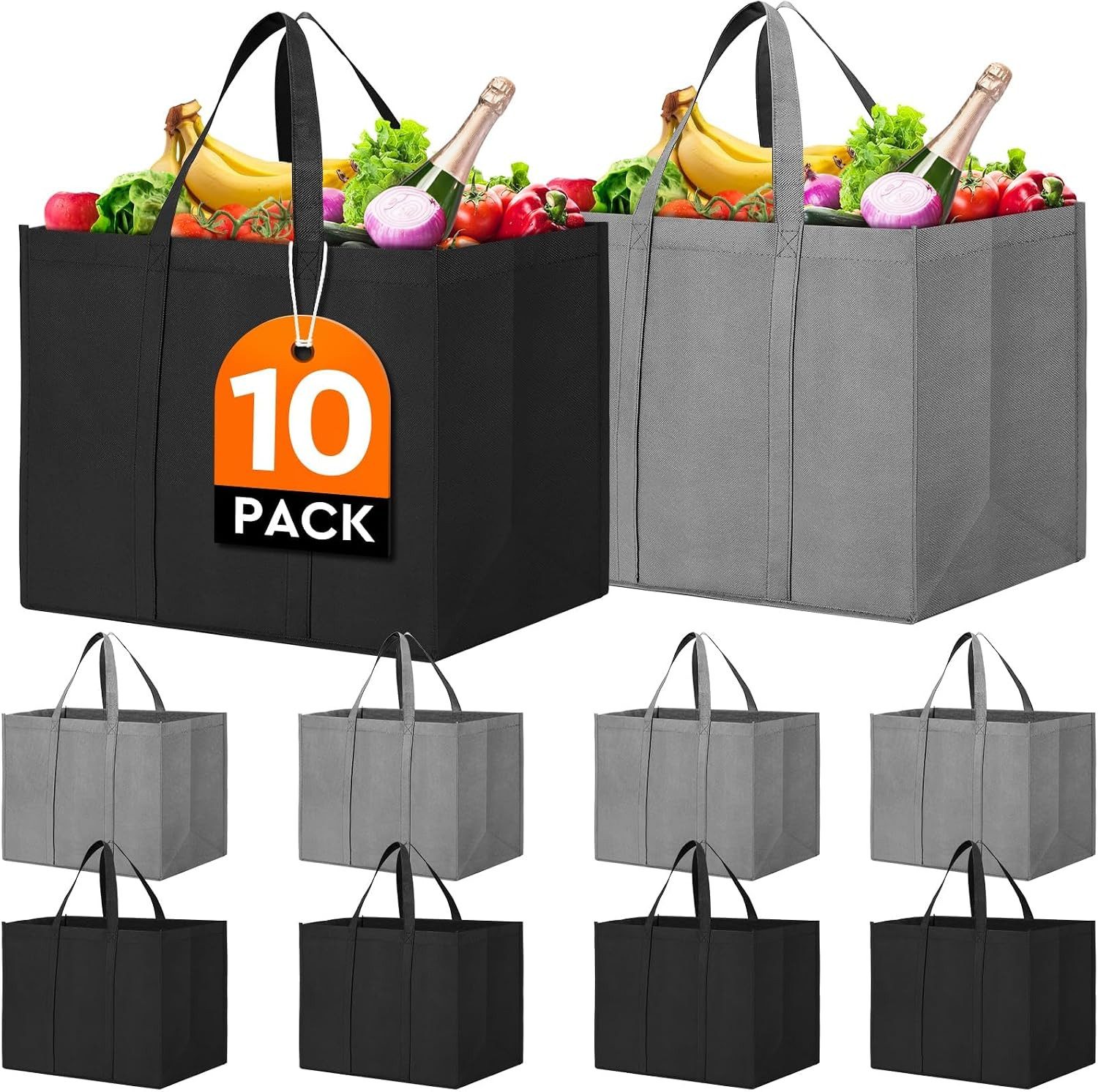 Reusable Grocery Shopping Bags 10 Pack Large Foldable Tote Bags Bulk | Amazon (US)