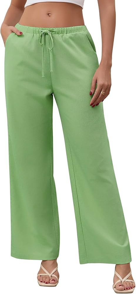 QIANXIZHAN Linen Pants Women,Summer Beach Wide Leg Palazzo Pants Drawstring | Amazon (US)