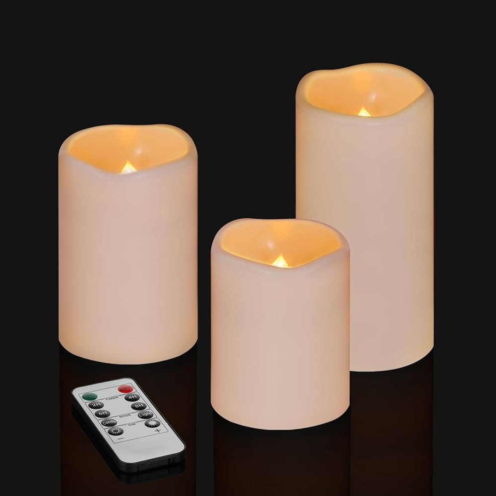 Flameless Candles 4" 5" 6" Set of 3 Ivory Outdoor Indoor Pillars 3" Diameter Battery Operated Fli... | Amazon (US)