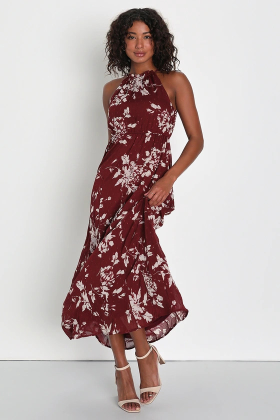 Instinctive Impression Wine Red Floral Print Clip Dot Maxi Dress | Lulus (US)