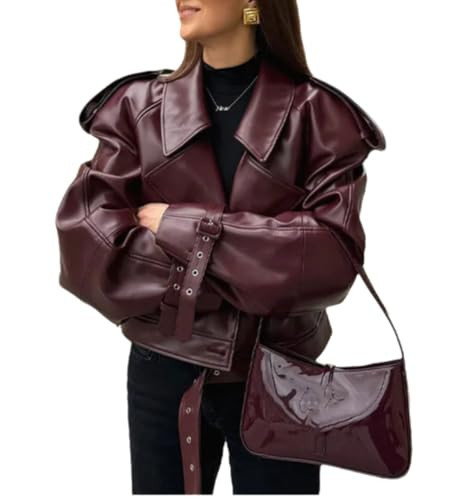 THLAI Womens PU Leather Jacket Long Sleeve Retro Collar Motorcycle Jacket Casual Coat | Amazon (US)