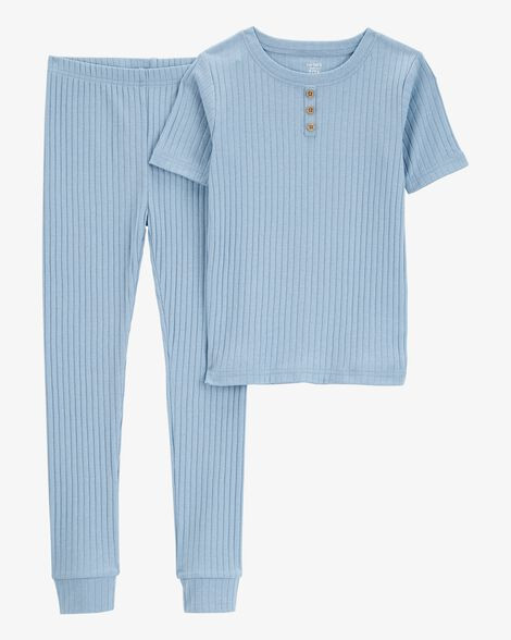 Kid Solid Ribbed Cotton Blend 2-Piece Pajamas - Blue | Carter's Inc