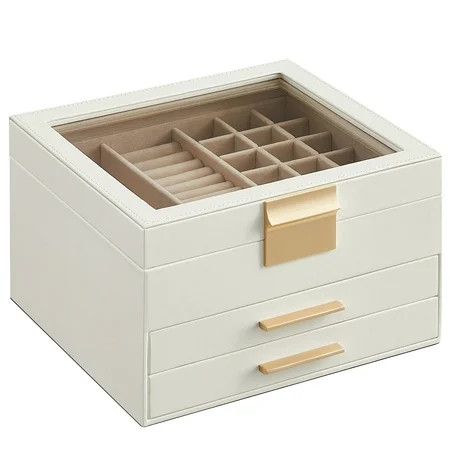 3-Layer Jewelry Organizer with Glass Lid 2 Drawers Cloud White & Gold 8 x 9.1 x 5.3 Inches Jewelry Storage | Walmart (US)