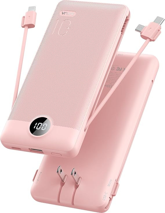 VRURC Portable Charger, Power Bank Built-in Cables and AC Wall Plug | USB C Power Bank 10000mAh T... | Amazon (US)