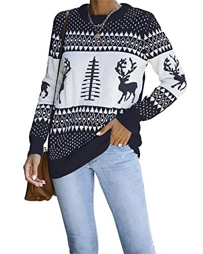 LookbookStore Women's Navy Long Sleeves Ugly Christmas Tree Reindeer Winter Holiday Knit Sweater Pullover Size S 4 6 | Amazon (US)