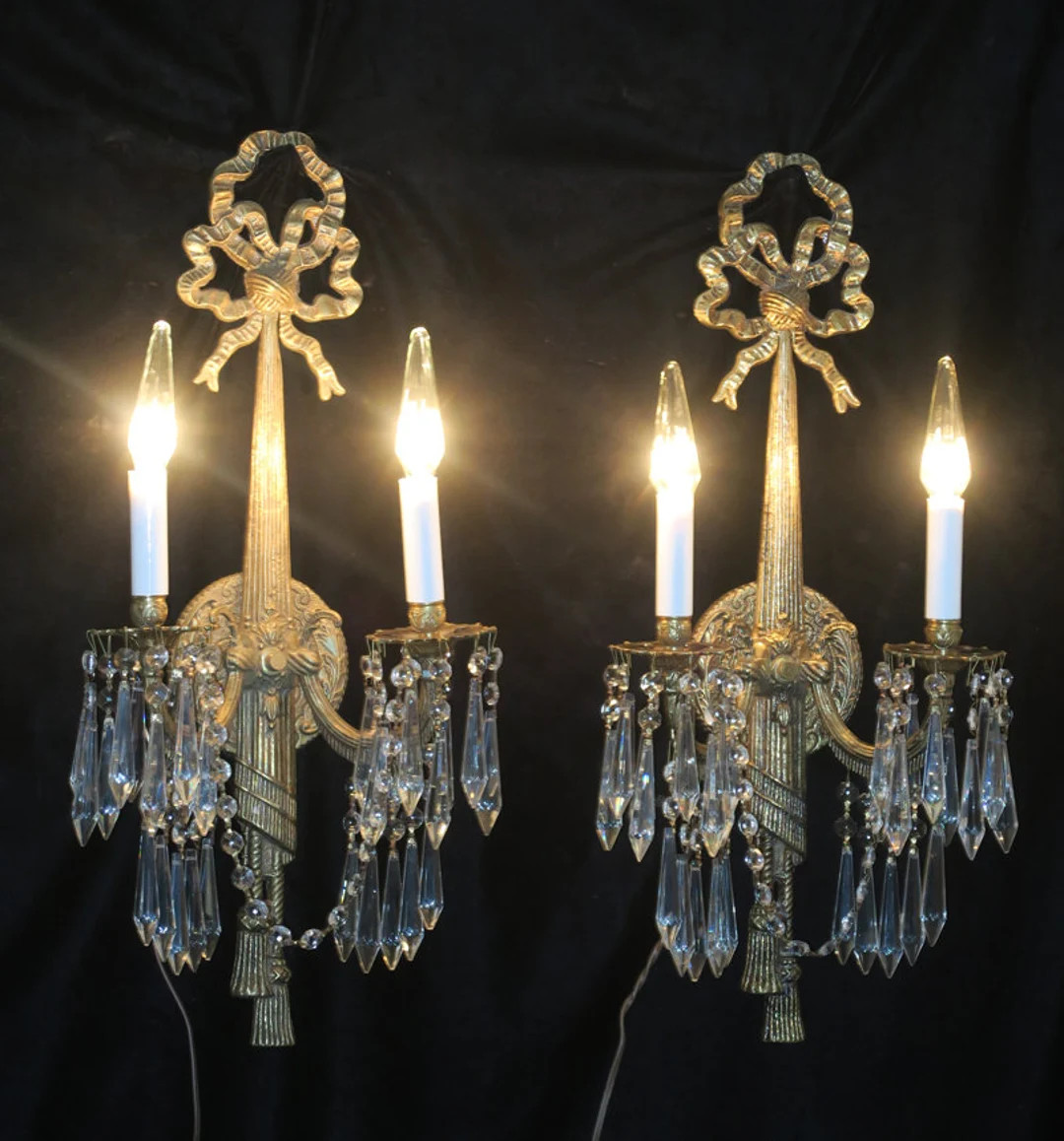 Pair Vintage Bronze Brass SCONCE Bow Spain France crystal prism garlands | Etsy (US)